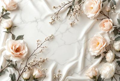 The primary subject of the image is a white marble table with a variety of flowers and branches arranged on it. The flowers are predominantly pink, and they are placed in different positions on the table. The setting is a white marble surface, which adds a sense of elegance and sophistication to the scene. The visual style of the image is a close-up of the flowers and branches, showcasing the details and beauty of the arrangement. The colors and mood of the image are predominantly warm and