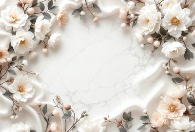 The primary subject of the image is a white marble table with a round, empty space in the center. The table is surrounded by a beautiful floral arrangement, featuring pink flowers and green leaves. The setting is a room with a white marble wall, which adds to the elegant and sophisticated atmosphere of the scene. The visual style of the image is a combination of photo and digital art, creating a realistic yet artistic representation of the floral arrangement and the marble table. The colors and mood of the image