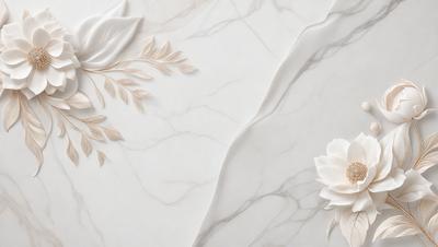 The primary subject of the image is a white marble wall with a pattern of leaves and flowers. The setting is a white marble countertop, and the visual style is a combination of a photo and digital art. The colors and mood of the image are predominantly white, giving it a clean and elegant appearance.