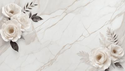 The primary subject of the image is a white flower, which is placed on a marble surface. The setting is a white marble countertop, and the visual style is a combination of a photo and digital art. The dominant colors are white and gray, creating a clean and elegant atmosphere.
