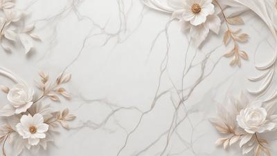 The primary subject of the image is a white marble countertop with a pattern of flowers on it. The setting is a kitchen, and the visual style is a photo. The countertop has a white marble surface with a pattern of flowers, giving it a clean and elegant appearance. The colors and mood of the image are predominantly white, creating a sense of purity and simplicity.