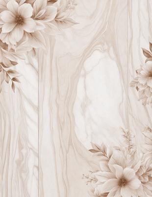 The primary subject of the image is a beautifully designed wallpaper featuring a marble pattern with a flower motif. The setting is a wall, and the visual style is a combination of photo and digital art. The colors and mood of the image are predominantly white and cream, giving it a clean and elegant appearance.
