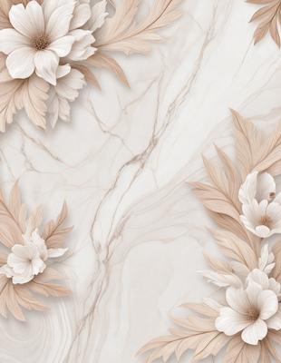 The primary subject of the image is a marble wall with a pattern of white flowers. The setting is a room with a marble surface, and the visual style is a combination of photo and digital art. The dominant colors are white and beige, creating a clean and elegant atmosphere.