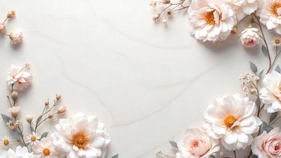 The primary subject of the image is a white marble countertop with a beautiful arrangement of white flowers. The flowers are scattered across the countertop, creating a visually appealing and elegant display. The setting is a kitchen or a similar indoor space, as the countertop is a common area for food preparation and serving. The visual style of the image is a close-up of the flowers on the marble countertop, showcasing the details and beauty of the flowers. The colors and mood of the image are predomin