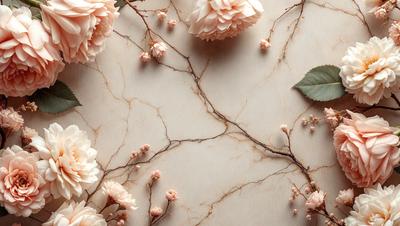 The primary subject of the image is a close-up of a branch with pink flowers on it. The branch is placed on a marble surface, which serves as the setting or background. The visual style of the image is a photo, capturing the details of the flowers and branch. The colors and mood of the image are predominantly pink, creating a warm and inviting atmosphere.