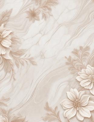 The primary subject of the image is a marble wall with a pattern of white flowers. The setting is a room with a marble floor, and the visual style is a combination of photo and digital art. The dominant colors are white and beige, creating a clean and elegant atmosphere.