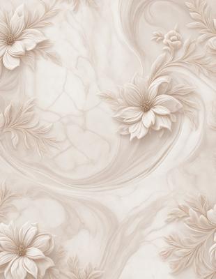 The primary subject of the image is a white marble wall with a pattern of white flowers. The setting is a room with a white marble surface, giving the room a clean and elegant appearance. The visual style is a combination of a photo and digital art, creating a realistic yet artistic representation of the marble wall. The colors and mood of the image are predominantly white, giving it a serene and calming atmosphere.