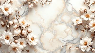 The primary subject of the image is a close-up of a flower arrangement, featuring white flowers and branches. The setting is a marble wall, which serves as the backdrop for the flower arrangement. The visual style is a photo, capturing the beauty of the flowers and their surroundings. The colors and mood of the image are predominantly white, creating a serene and elegant atmosphere.