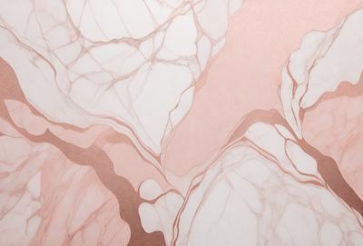 The primary subject of the image is a marble wall with a pinkish hue. The setting is a room with a white background. The visual style is a combination of a photo and digital art, creating a unique and artistic representation of the marble wall. The colors and mood of the image are predominantly pink and white, giving it a warm and elegant atmosphere.