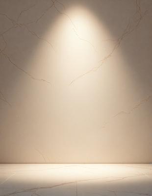The primary subject of the image is a white marble wall with a light shining on it. The setting is a room with a white marble floor. The visual style is a photo, and the colors and mood are predominantly white, giving the scene a clean and elegant appearance.