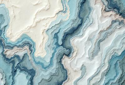 The primary subject of the image is a blue and white patterned wallpaper. The setting is a room with a blue and white color scheme. The visual style is a close-up of the wallpaper, showcasing its intricate design. The colors and mood of the image are predominantly blue and white, creating a calm and serene atmosphere.