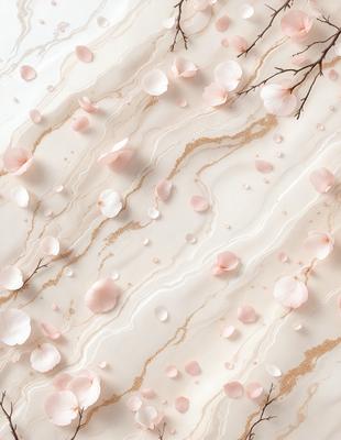 The primary subject of the image is a close-up of a marble surface with a pattern of pink flowers. The setting is a white marble countertop, and the visual style is a combination of a photo and digital art. The dominant colors are pink and white, creating a warm and elegant atmosphere.