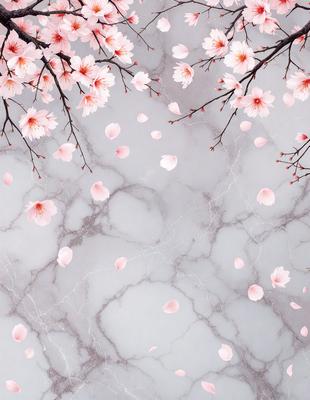 The primary subject of the image is a close-up of a marble surface with a pattern of pink flowers. The setting is a white marble countertop, and the visual style is a photo. The dominant colors are pink and white, creating a calm and elegant atmosphere.