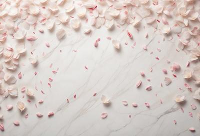The primary subject of the image is a close-up of a white marble countertop with a scattering of pink petals or flowers on it. The setting is a white marble countertop, and the visual style appears to be a photo. The dominant colors are white and pink, creating a clean and elegant atmosphere.