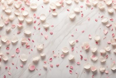 The primary subject of the image is a close-up of a white marble wall with a pattern of pink petals or flowers on it. The setting is a white marble wall, and the visual style appears to be a photo. The dominant colors are white and pink, creating a clean and elegant atmosphere.