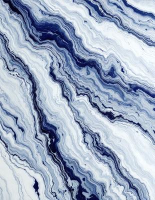 The primary subject of the image is a blue and white marbled pattern. The setting is a white surface, possibly a wall or a table, with the marbled pattern as the main focus. The visual style appears to be a combination of a photo and a digital art, illustration, or drawing. The dominant colors are blue and white, creating a calm and soothing atmosphere.