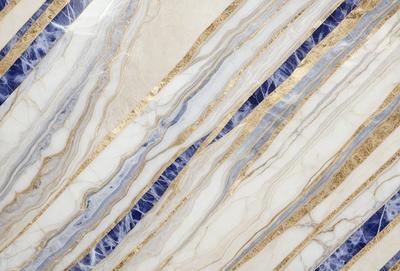 The primary subject of the image is a marble wall with a gold stripe. The setting is a room with a blue background. The visual style is a close-up of the marble wall, showcasing the gold stripe. The colors and mood of the image are predominantly gold and blue, creating a luxurious and elegant atmosphere.