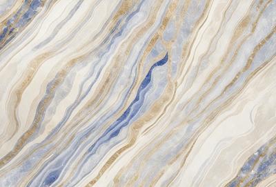 The primary subject of the image is a blue and white marble tile. The setting is a wall with the tile as the main object. The visual style is a close-up of the tile, showcasing its intricate design. The dominant colors are blue and white, creating a clean and elegant atmosphere.