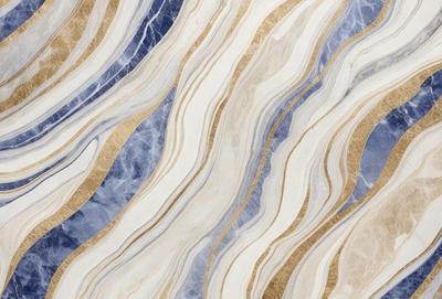 The primary subject of the image is a marble tile with a gold and blue pattern. The setting is a wall, and the visual style is a close-up of the tile. The dominant colors are gold and blue, creating a luxurious and elegant atmosphere.