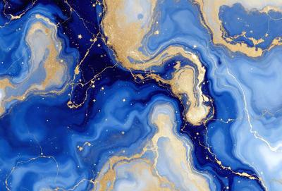 The primary subject of the image is a blue and gold marbled stone. The setting is a blue and gold marbled stone surface, which serves as the background. The visual style is a combination of a photo and digital art, creating a unique and intricate design. The dominant colors are blue and gold, giving the image a rich and luxurious appearance.