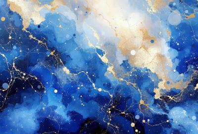 The primary subject of the image is a blue and gold painting featuring a cloudy sky. The setting is a blue background, and the visual style appears to be a digital art or illustration. The dominant colors in the painting are blue and gold, creating a serene and calming atmosphere.