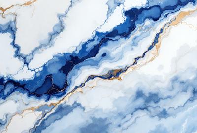 The primary subject of the image is a blue and gold marbled tile. The setting is a bathroom, with the marbled tile as the main focus. The visual style is a close-up of the tile, showcasing its intricate design. The colors and mood of the image are predominantly blue and gold, creating a luxurious and elegant atmosphere.