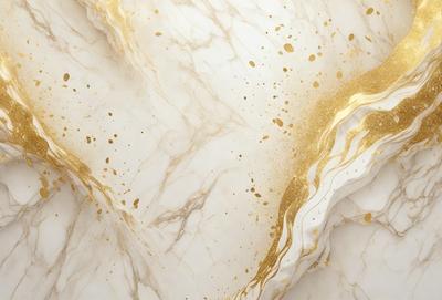 The primary subject of the image is a marble surface with gold and white streaks. The setting is a marble wall, and the visual style is a close-up of the marble surface. The colors and mood of the image are predominantly gold and white, creating a luxurious and elegant atmosphere.