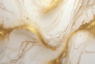 The primary subject of the image is a marble surface with gold accents. The setting is a room with a white marble wall, and the visual style is a close-up of the marble wall. The colors and mood of the image are predominantly white and gold, creating a luxurious and elegant atmosphere.