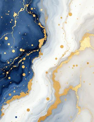 The primary subject of the image is a painting featuring a blue and white background with gold accents. The setting is a canvas, and the visual style is a combination of digital art and illustration. The dominant colors are blue, white, and gold, creating a serene and elegant atmosphere.