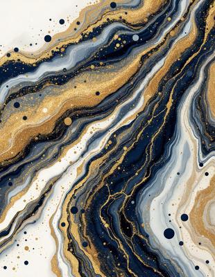 The primary subject of the image is a close-up of a gold and blue marbled wallpaper. The setting is a room with a blue and gold marbled wallpaper, which creates a visually appealing and luxurious atmosphere. The visual style is a digital art or illustration, as the colors and patterns are intricately detailed and well-defined. The dominant colors are gold and blue, which create a sense of sophistication and elegance.