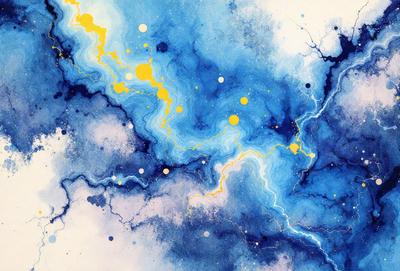 The primary subject of the image is a blue and yellow swirl pattern, which is the main focus of the scene. The setting is a blue and white background, creating a visually appealing contrast. The visual style of the image is a painting, with a mix of digital art and illustration elements. The dominant colors in the image are blue and yellow, creating a vibrant and lively atmosphere.
