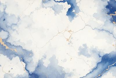 The primary subject of the image is a white and blue painting of a cloudy sky. The setting is a white background, and the visual style appears to be a combination of digital art and illustration. The dominant colors are white and blue, creating a calm and serene atmosphere.