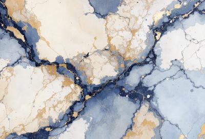 The primary subject of the image is a blue and gold painting of a wall. The setting is a white wall, and the visual style appears to be a painting or drawing. The dominant colors in the painting are blue and gold, creating a serene and calming atmosphere.