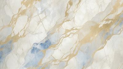 The primary subject of the image is a marble wall with a blue and gold pattern. The setting is a room with a marble floor, and the visual style is a combination of a photo and a drawing. The dominant colors are blue and gold, creating a luxurious and elegant atmosphere.