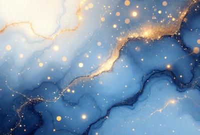 The primary subject of the image is a blue and gold swirling pattern, which appears to be a digital art or illustration. The setting is a blue background, and the visual style is a combination of digital art and illustration. The colors and mood of the image are predominantly blue and gold, creating a sense of depth and richness.