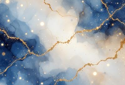 The primary subject of the image is a blue and gold swirling pattern, which appears to be a digital art or illustration. The setting is a blue background, and the visual style is a combination of digital art and illustration. The colors and mood of the image are predominantly blue and gold, creating a sense of depth and elegance.