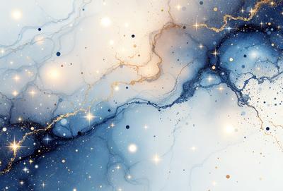 The primary subject of the image is a blue and gold swirling pattern, which appears to be a digital art or illustration. The setting is a white background, and the visual style is a combination of digital art and illustration. The dominant colors are blue and gold, creating a vibrant and lively atmosphere.
