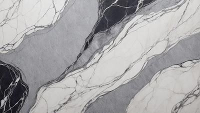 The primary subject of the image is a marble tile with a pattern of swirls and stripes. The setting is a bathroom, as indicated by the presence of the marble tile. The visual style is a close-up of the marble tile, showcasing its intricate design. The colors and mood of the image are predominantly gray and white, giving it a clean and elegant appearance.