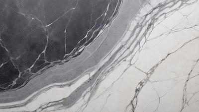 The primary subject of the image is a marble countertop with a patterned design. The setting is a kitchen, and the visual style is a photo. The countertop has a combination of gray and white colors, giving it a sophisticated and elegant appearance.