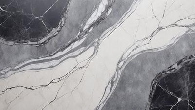 The primary subject of the image is a marble countertop with a patterned design. The setting is a kitchen or bathroom, as the countertop is a part of the room's decor. The visual style is a close-up of the marble countertop, showcasing its intricate pattern. The colors and mood of the image are predominantly gray, giving it a sophisticated and elegant appearance.