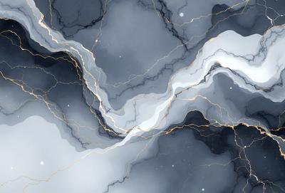 The primary subject of the image is a blue and white marbled surface, which appears to be a painting or a digital artwork. The setting is a dark, moody environment, possibly a night sky or a cave. The visual style is a combination of painting and digital art, creating a unique and intriguing appearance. The colors and mood of the image are predominantly dark and mysterious, with the blue and white marbled surface adding a touch of elegance and sophistication.