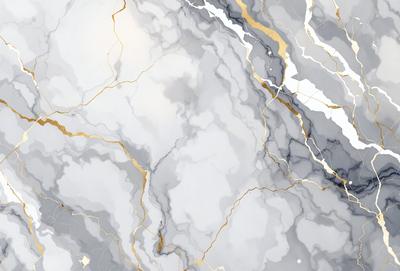 The image features a marble-like surface with a gold and white color scheme. The primary subject is a close-up of the marble, showcasing its intricate patterns and textures. The setting is a natural environment, possibly a rock formation or a stone wall. The visual style is a combination of realism and artistic expression, as the marble appears to be a digital art or illustration. The colors and mood of the image are elegant and sophisticated, with the gold and white tones creating a