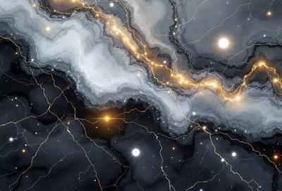 The primary subject of the image is a black and white photo of a galaxy. The setting is a dark, starry sky with a few bright stars visible. The visual style is a combination of a photo and digital art, creating a unique and captivating representation of the galaxy. The colors and mood of the image are predominantly dark and moody, with the bright stars providing a contrasting element.