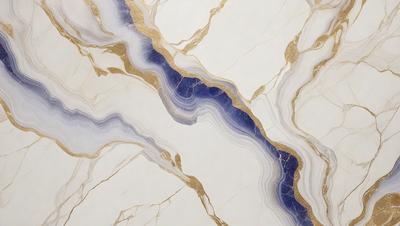 The primary subject of the image is a marble wall with a blue and gold pattern. The setting is a room with a white marble floor. The visual style is a close-up of the marble wall, showcasing the intricate design. The dominant colors are blue and gold, creating a luxurious and elegant atmosphere.