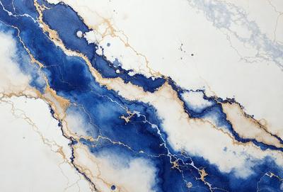 The primary subject of the image is a blue and gold marbled wall. The setting is a white marble countertop, and the visual style is a combination of photo and digital art. The dominant colors are blue and gold, creating a luxurious and elegant atmosphere.