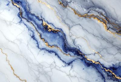 The primary subject of the image is a marble countertop with a gold and blue pattern. The setting is a kitchen or bathroom, as the countertop is a part of the design. The visual style is a combination of digital art and illustration, creating a unique and eye-catching pattern. The dominant colors are gold and blue, giving the countertop a luxurious and elegant appearance.