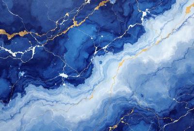 The primary subject of the image is a blue and gold painting of a marbled surface. The setting is a blue and white marbled surface, which serves as the background. The visual style is a painting, and the dominant colors are blue and gold. The overall atmosphere is elegant and sophisticated.