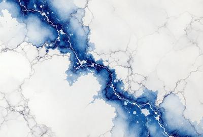 The primary subject of the image is a blue and white marbled wall. The setting is a white marbled wall with blue streaks, creating a visually striking and unique pattern. The visual style is a close-up of the marbled wall, showcasing its intricate design. The dominant colors are blue and white, with the blue streaks adding depth and interest to the overall atmosphere.