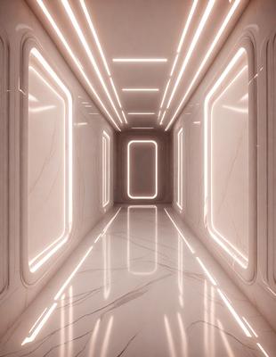 The primary subject of the image is a long, narrow hallway with a white marble floor. The setting is a white room with a white marble floor, giving the space a clean and minimalist appearance. The visual style is a photo, capturing the details of the hallway and the marble floor. The colors and mood of the image are predominantly white, creating a sense of calmness and simplicity.