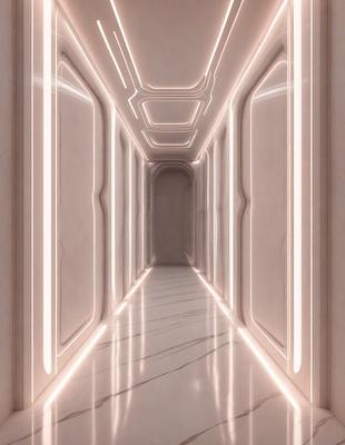 The primary subject of the image is a long, narrow hallway with a white color scheme. The setting is a white room, and the visual style appears to be a photo. The colors and mood of the image are predominantly white, creating a clean and minimalist atmosphere.
